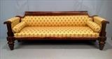 98  - Mahogany empire sofa with new gold fleur de Lis upholstery, 32 in. T, 85 in. L, 21 in. D., ca.  1840.