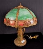 110  - Antique panel lamp in excellent condition with green slag glass panels, 22 in. T, 17 in. D.