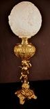 111  - Polished brass Victorian lamp with cupid, 33 in. T