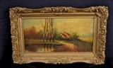 115  - Victorian oil on canvas in gold frame of farm scene, 31 x 19.