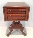 119  - Mahogany federal night stand with 3 drawers, drop-leaf and lyre base, 28 in. T, 18 in. W, 18 in. D.