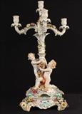 124  -  Dresden 5 arm candelabra with applied roses, has cupids, 23 in. T, 14 in. W