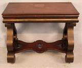 127  - Small mahogany empire library table with scroll legs, 29 in. T, 34 in. W, 18 in. D.
