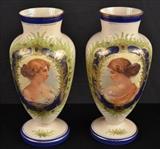 136  - Matched pair of opaline portrait vases, 15 in. T.