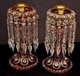 135  - Matched pair of luster candlesticks with extra enamel, 13 in. T.