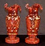 141  - Matched pair of Canterbury vases, hand decorated with pinch tops, 11 in. T.
