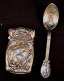 166  - R.E. Lee New Orleans souvenir spoons with state of confederate flag, ca. 1891, sterling with sterling Art Nouveau match safe.