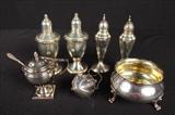 174  - Seven pieces of sterling - Tea dipper, salt and pepper, waste bowl and salt shaker