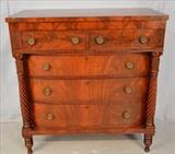 175  - Mahogany 5 drawer chest with scroll column and turned legs, original pulls, Bombay  drawers, 46 in. T, 44 in. W, 22 in. D.