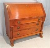 199  - Early empire cherry slant front desk with claw feet and dove tail, 40 in. T, 41 in. W, 20 in. D., original interior
