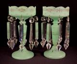 234  - Pair of green mantle lusters with gold enamel paint, 11 in. T, 6 in. D.