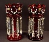 233  - Pair of Victorian cranberry lusters with enamel paint, 14 in. T, 6.5 in. D.