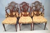 243  - Set of 6 mahogany shield back chairs with gold and blue upholstery, 2 arm chairs - 38 in. T, 23   in. W, 16 in. D.