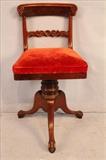 255  - Mahogany empire piano stool with turned base, red velvet upholstery, ca. 1850, 31 in. T, 16 in. W, 15 in. D.