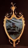 319  - Contemporary harp shape gold decorator mirror, 25 in. T, 22 in. W.