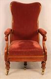 324  - Victorian armed recliner chair with maroon fabric, 44 in. T, 27 in. W, 29 in. D.