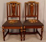 326  - Matched pair of needlepoint mahogany dinning chairs with gold trim, 39 in. T.