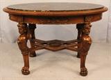 284 - Mahogany carved oval coffee table with figural atlas men, 22 in. T, 35 in. W, 25 in. D.