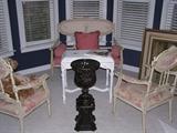 1930s Settee grouping with two matching chairs and three matching pillows. The urn, table and bear are being sold separately.