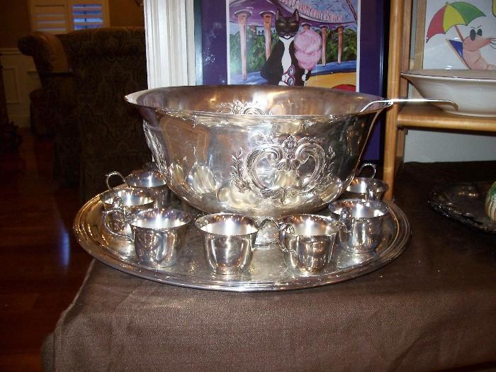 Very nice silverplate punch bowl with 12 cups, underplate, and ladle by the International Silver company.