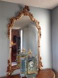 Cloisonné Mantle Clock, Gilt Framed Mirror
