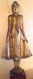 IMPRESSIVE ANTIQUE 83” TALL CARVED GILDED WOOD STANDING BUDDHA, BURMA