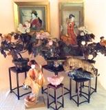 Hard stone & Glass Floral Arrangements in Cloisonne, Quartz Covered Jar, Japanese Doll & Framed Works