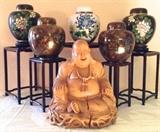 Cloisonné Ginger Jars, Carved Wood Seated Buddha 