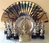 Thai Silver Footed Platter, Musicians on Stands, Brass Buddha, Thai Cast Brass Dragon Candleholder, Hand Painted Fan