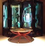 Brass Tray Cocktail Table, Etched Glass Lighted Screen