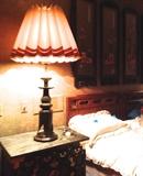 Jade Patina Temple Candle Stand Table Lamps, Green Granite Top Chests, Teak Headboard, Hard Stone Wood Framed Screen (4-panel), Linens