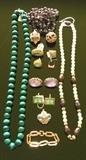 Topaz Beads, Malachite Necklace, Jade & Coral Rings, Jade & Quartz Cufflinks, Gold Chains & Bobbles of Semi-Precious Gem Stones set in Large Gold Settings 