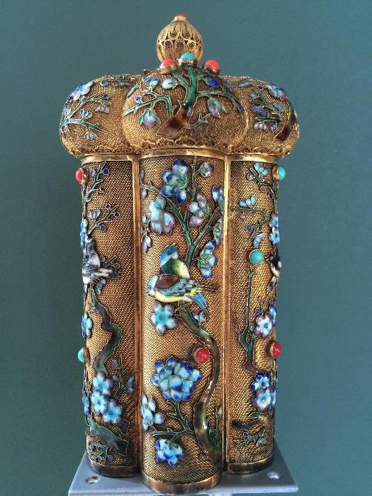 Chinese Hexagonal Tea Caddy with Raised Cloisonné and Semi-Precious Cabochons on Gilt frame