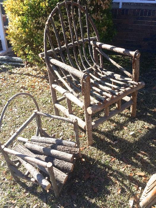 Primitive log chair, adult-sized, along with child-sized version used here for holding firewood