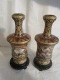 Pair Rare Cloisonné Vases on Teak Stand - Elegant