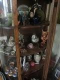 Oak Curved Glass Cabinet w/ Many Smalls - Moriage, Asian Nodder, Lustre, Nippon, Art Glass & More!