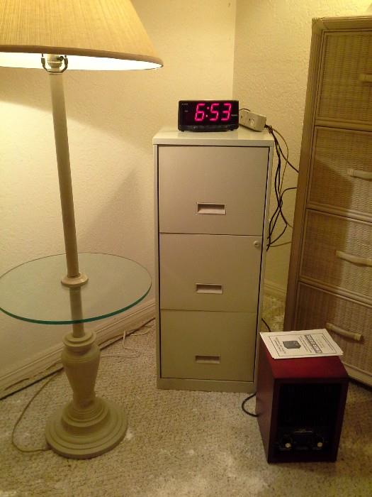 Table Touch Lamp, metal filing cabinet, ozinator aire purifier