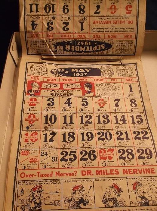 1937 calendar w/medicine ads and cartoons