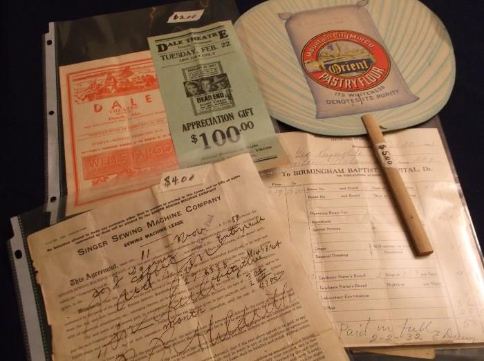 1900 Singer Sewing Machine lease,  dale Theatre program, and hospital bill