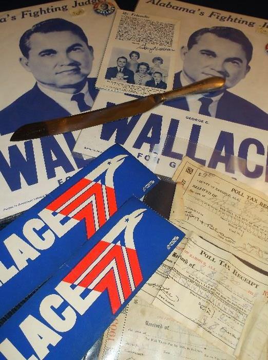 Geroge C. Wallace posters, pamphlet, bumper stickers,  sterling handle knife, and poll tax receipts  