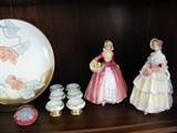 Royal Doulton figurines, porcelain hand painted salters and plate. 