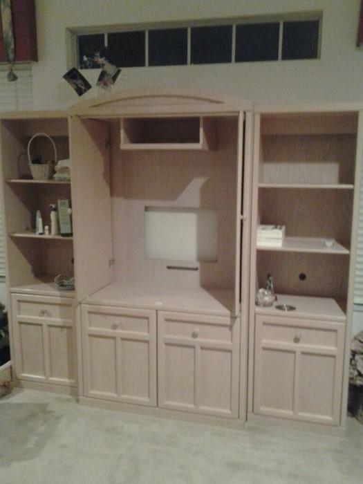 White washed entertainment unit - shown with 2 of 5 bookcase/display/glass front side pieces.  Build your own!