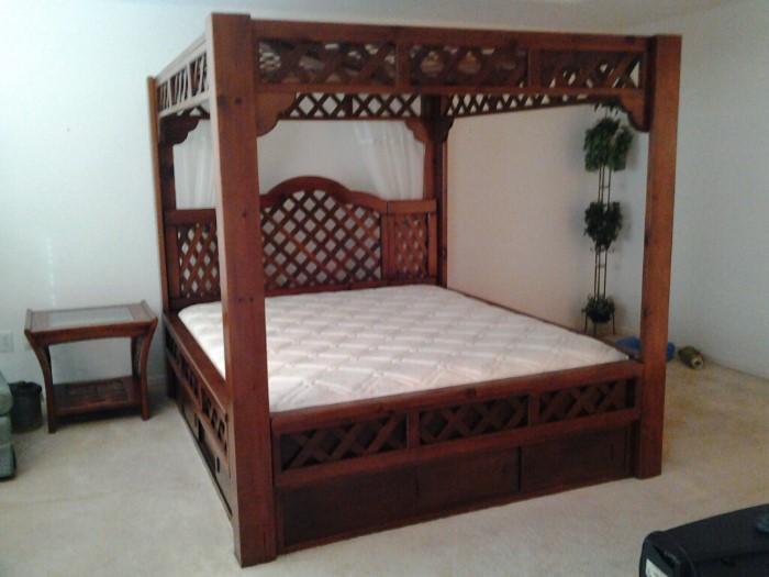Queen canopy bed and mattress