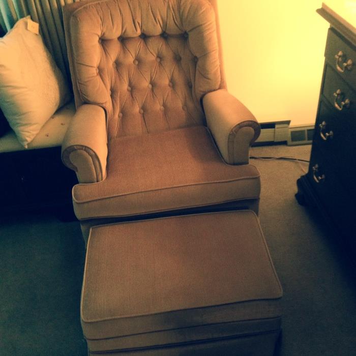 One of a pair of Tan corduroy chairs, one ottoman