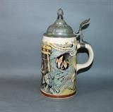 Incredible antique hand painted beer stein, "Gluck Auf" - Fairytale coal miners theme with elves and fairies"Verkundet es mit lautem schall" - "Gluckauf ihr knappen all", ornate lid with artichoke finial and thumb press
Condition: Very Good
Shipping: Yes
Size:1/2 L - 9"