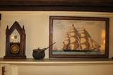 Ansonia Clock, Framed Needlework Ship