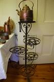 Wrought Iron Plant Stand & Copper Kettle