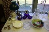 Overlay cobalt Glass Tea Service, Austrian Porcelain Plates