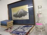 old liquor bottles,old baseball programs, signed art & Zane Grey baseball books