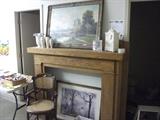oak mantle,oil on canvas[signed].walnut caned chair & Lenox vases and clock